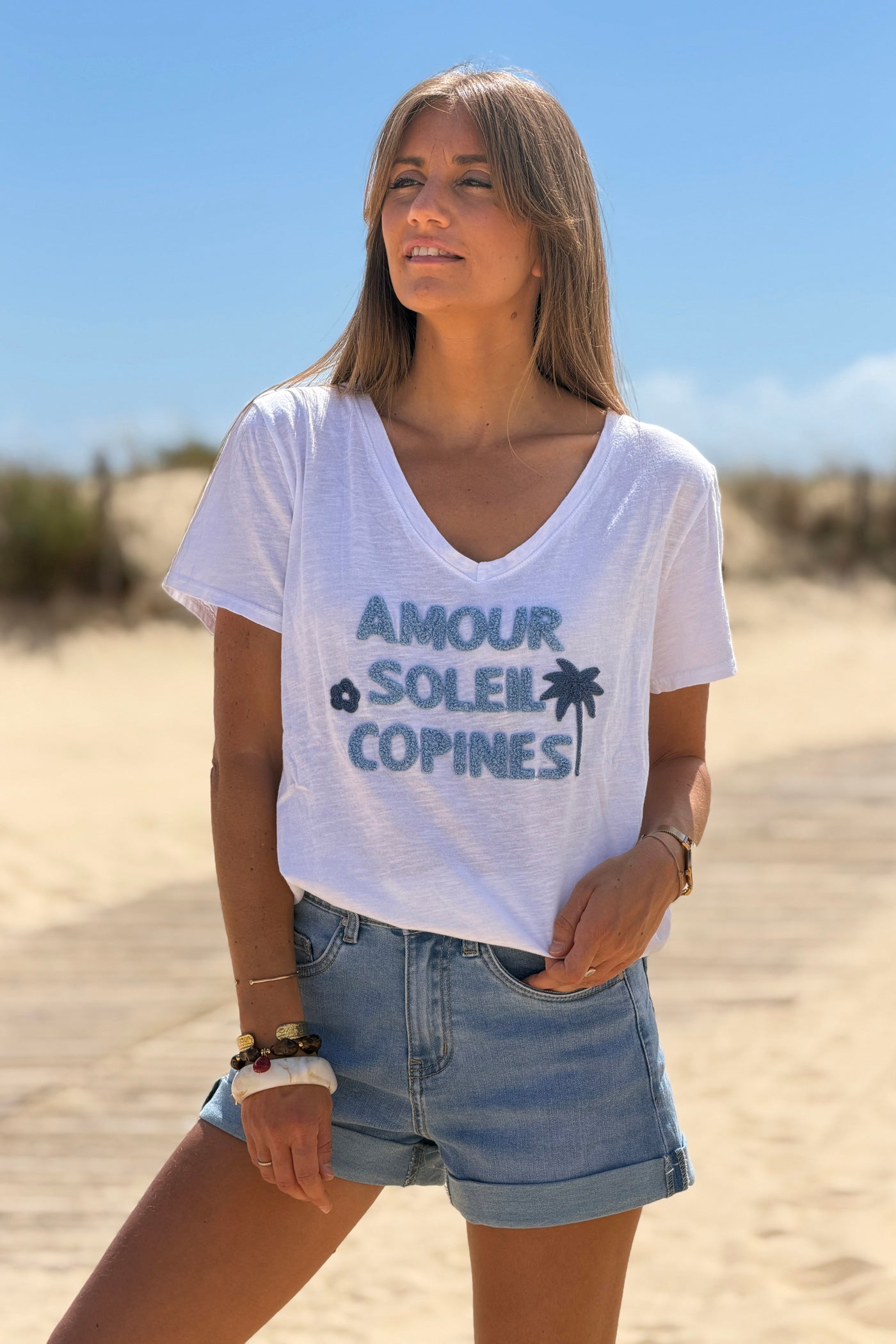 Blue “Amour Soleil Copines” V-Neck Tee
