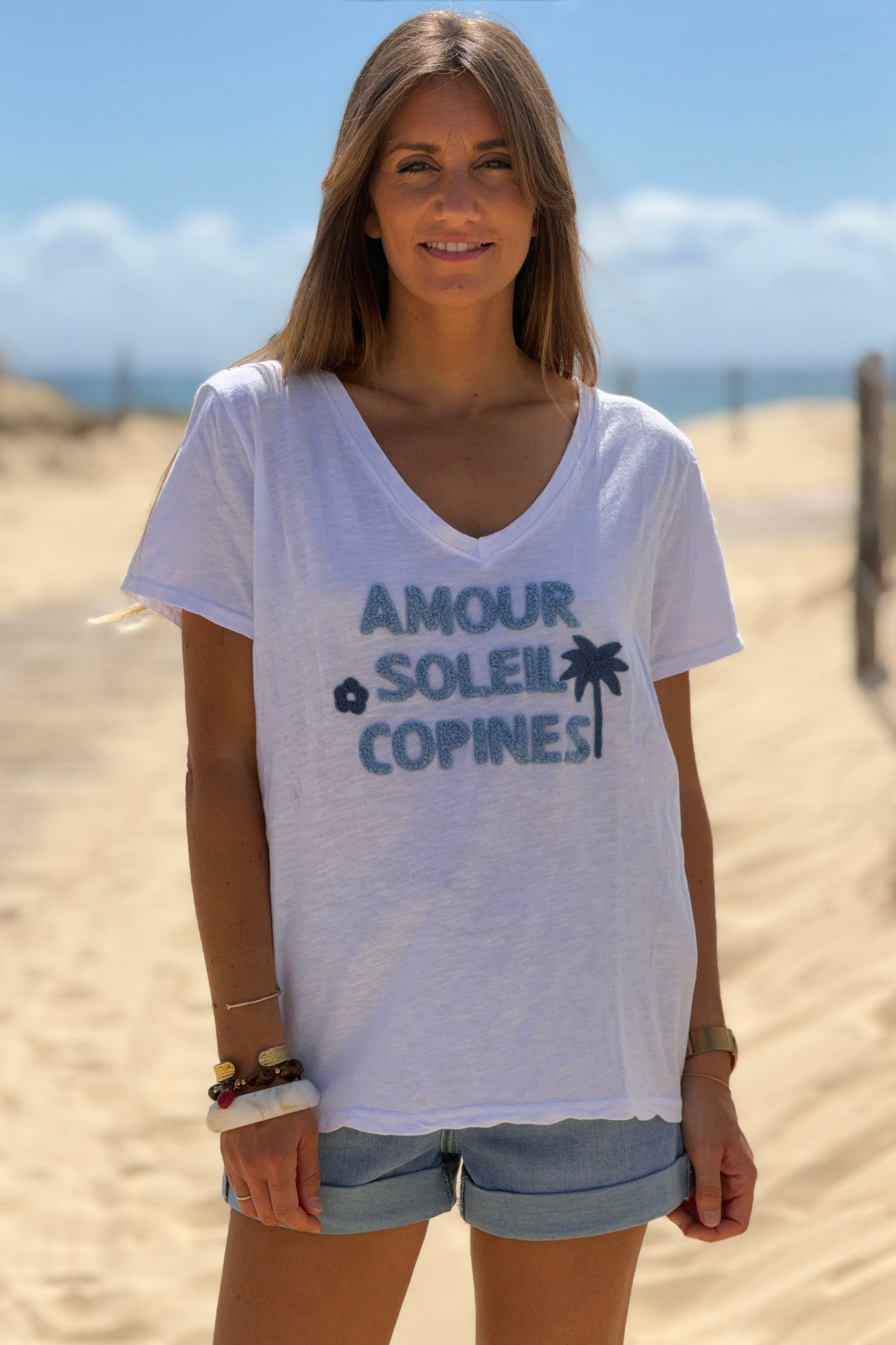 Blue “Amour Soleil Copines” V-Neck Tee
