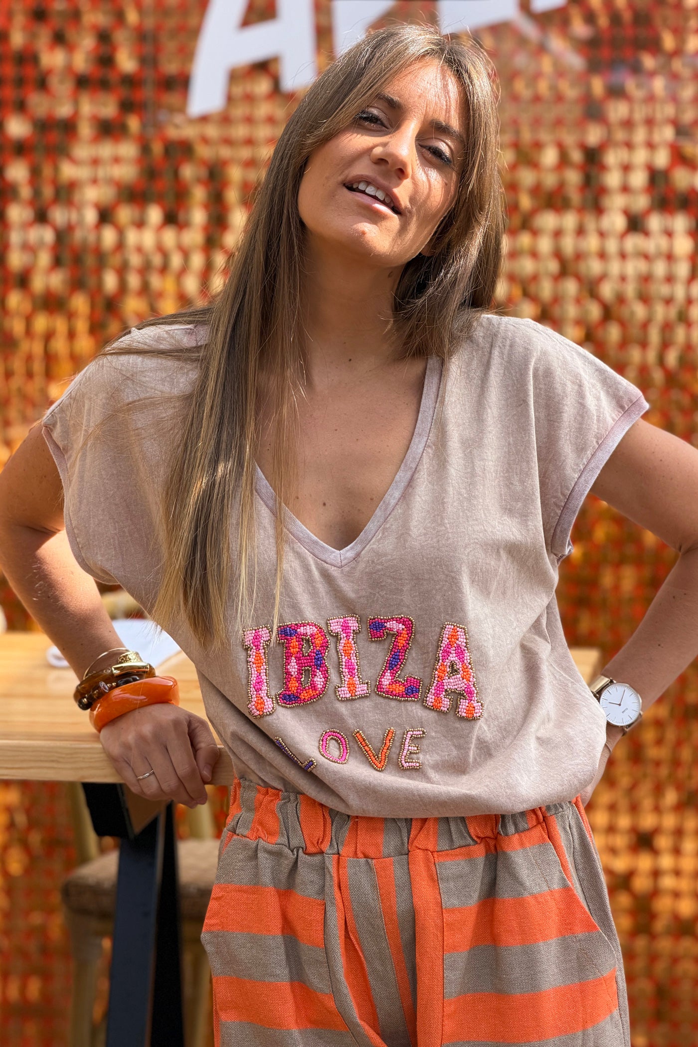 Camel “Ibiza Love” Beaded Vintage Tee