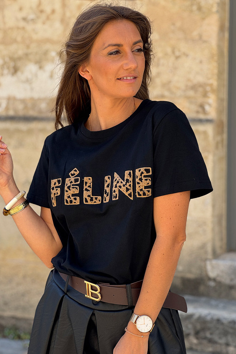 Black Feline Applique Cotton Tee