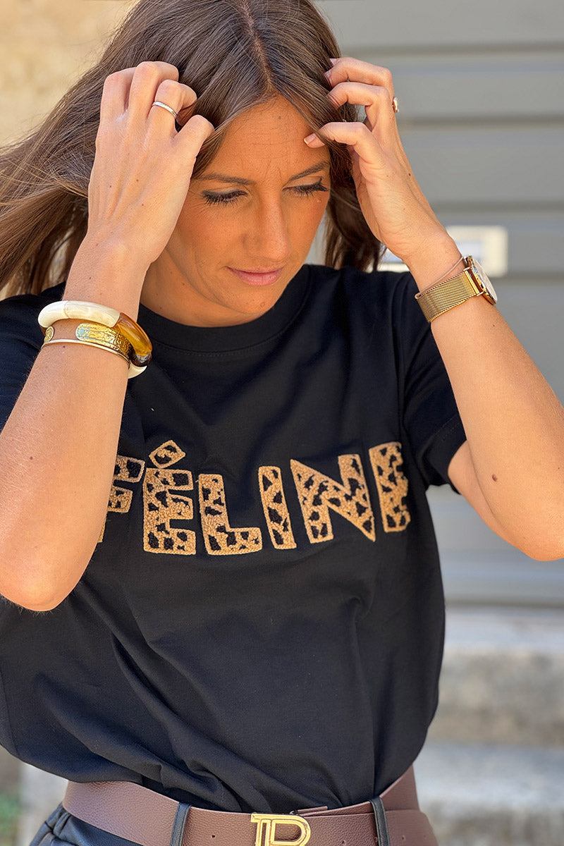 Black Feline Applique Cotton Tee