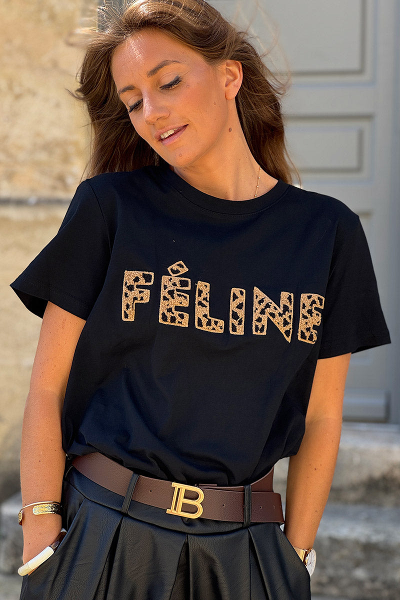 Black Feline Applique Cotton Tee