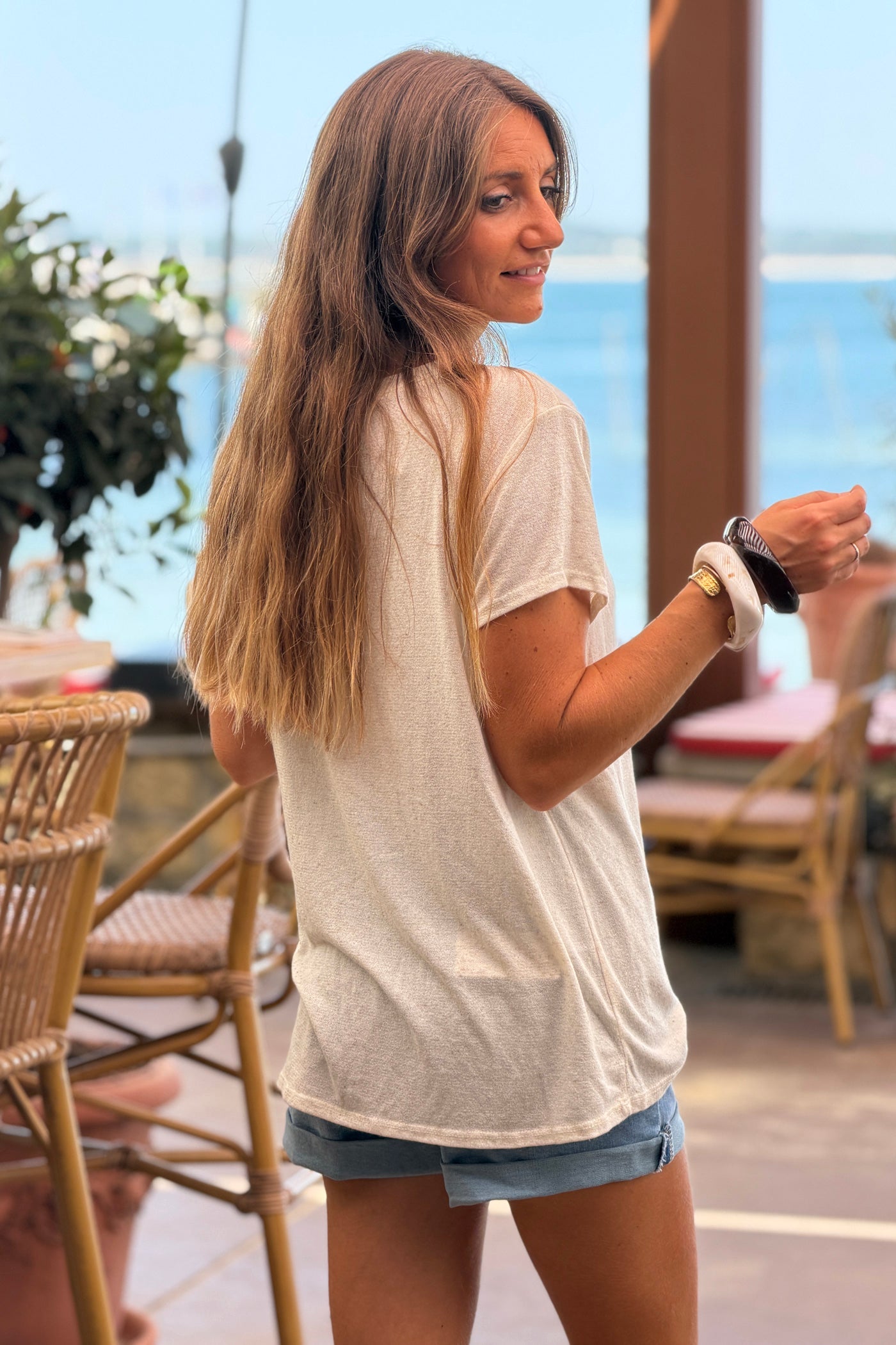 Beige Heathered Viscose Knit V-Neck Top