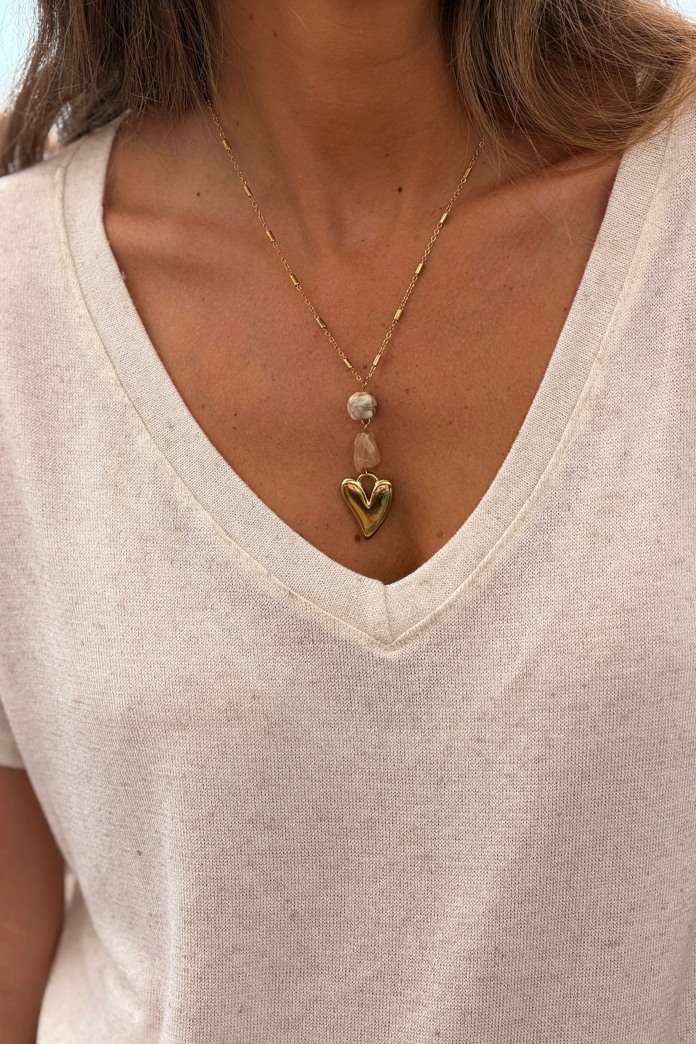 Beige Heathered Viscose Knit V-Neck Top