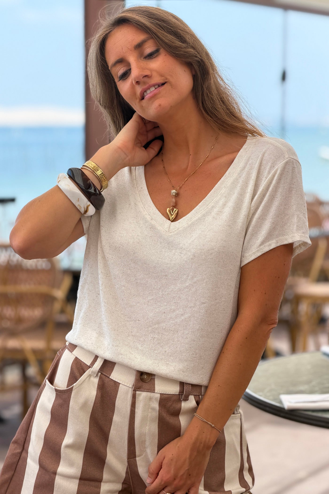 Beige Heathered Viscose Knit V-Neck Top