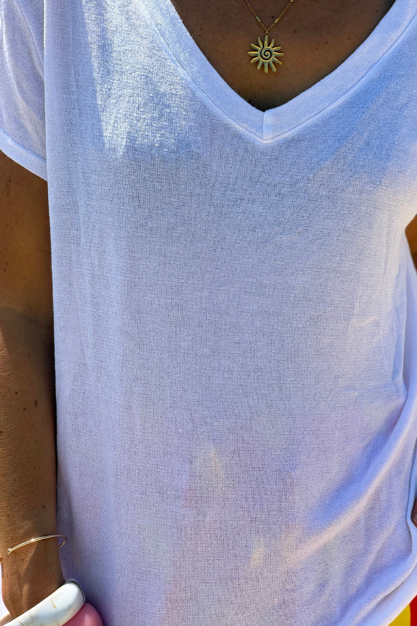 White Heathered Viscose Knit V-Neck Top