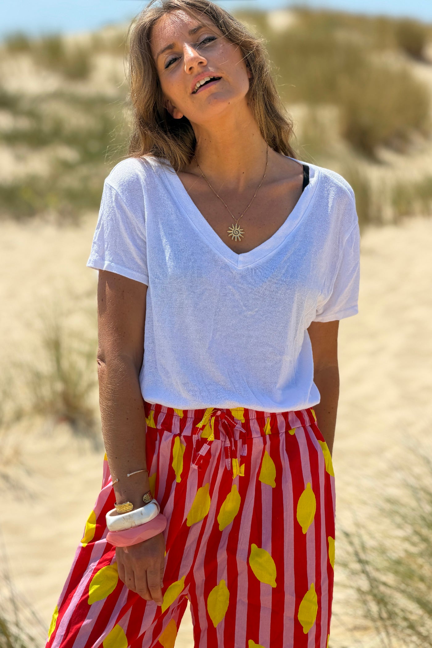 White Heathered Viscose Knit V-Neck Top