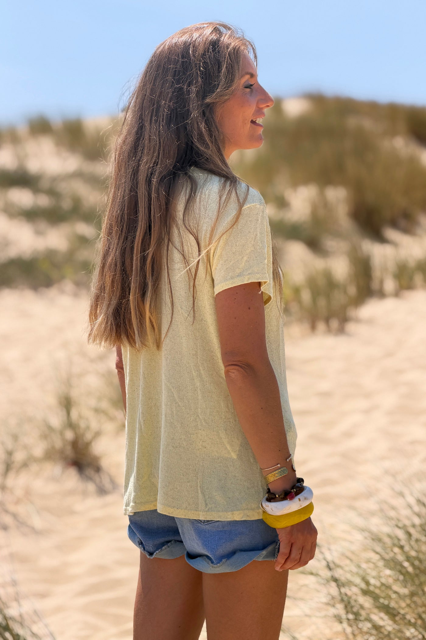 Yellow Heathered Viscose Knit V-Neck Top