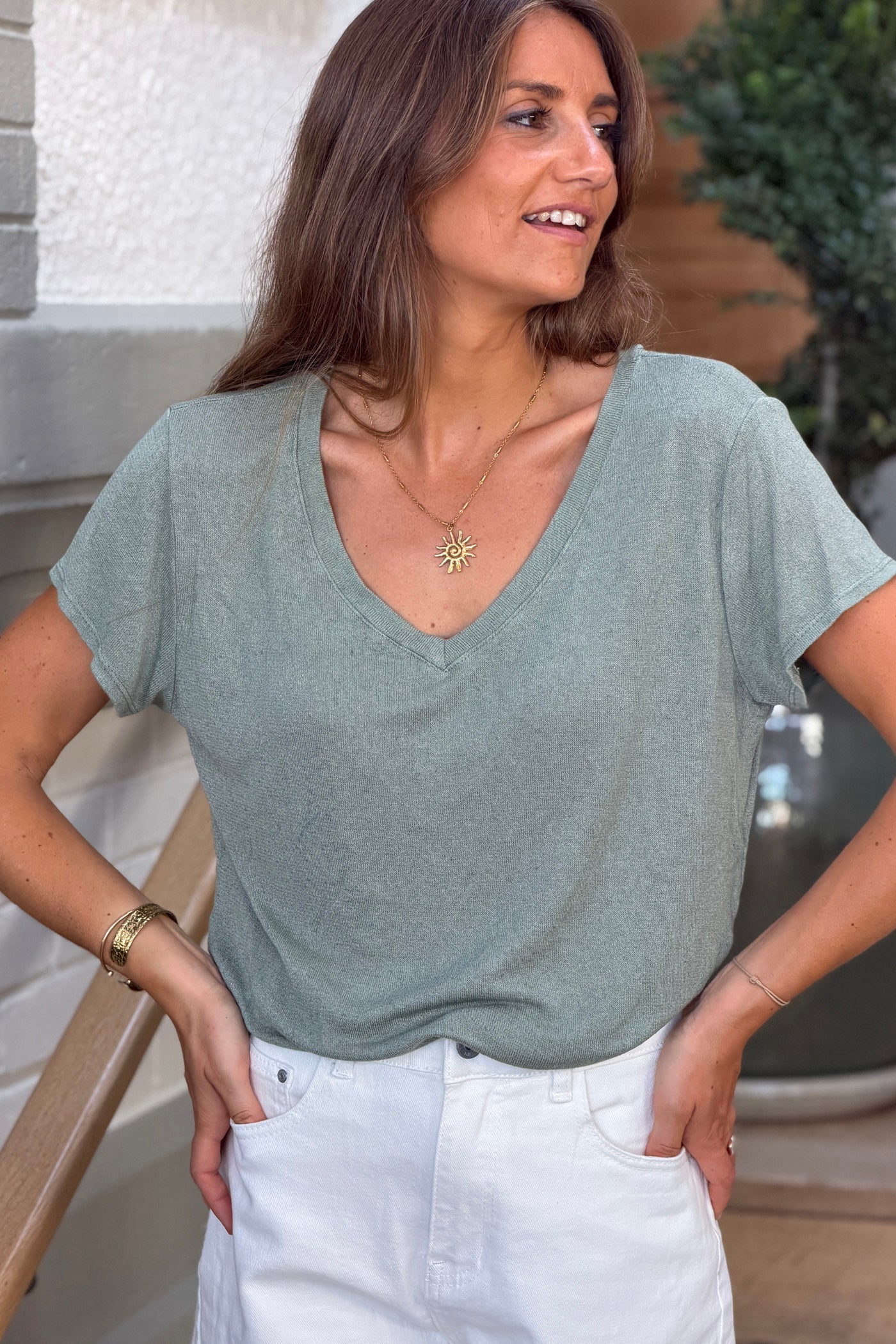 Olive Heathered Viscose Knit V-Neck Top