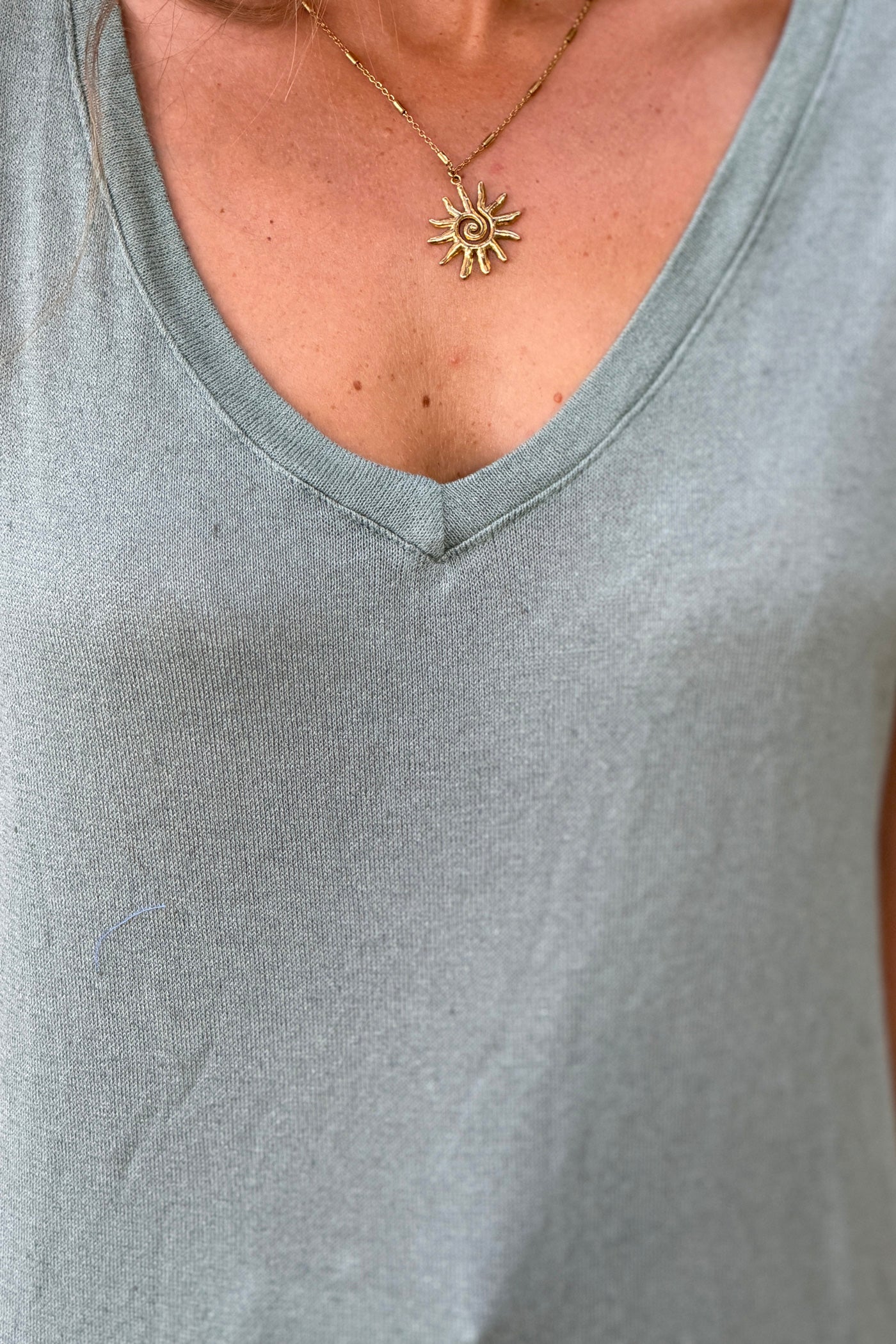 Olive Heathered Viscose Knit V-Neck Top