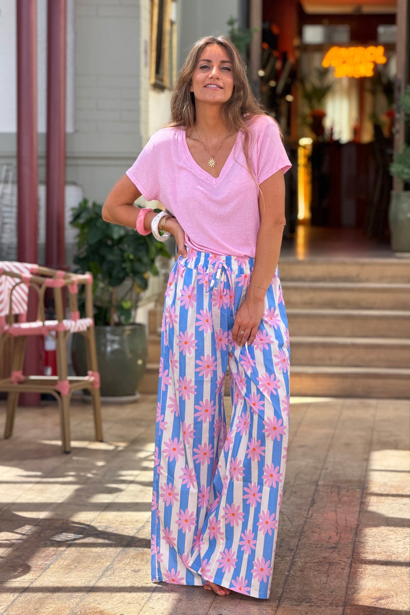 Pink Heathered Viscose Knit V-Neck Top