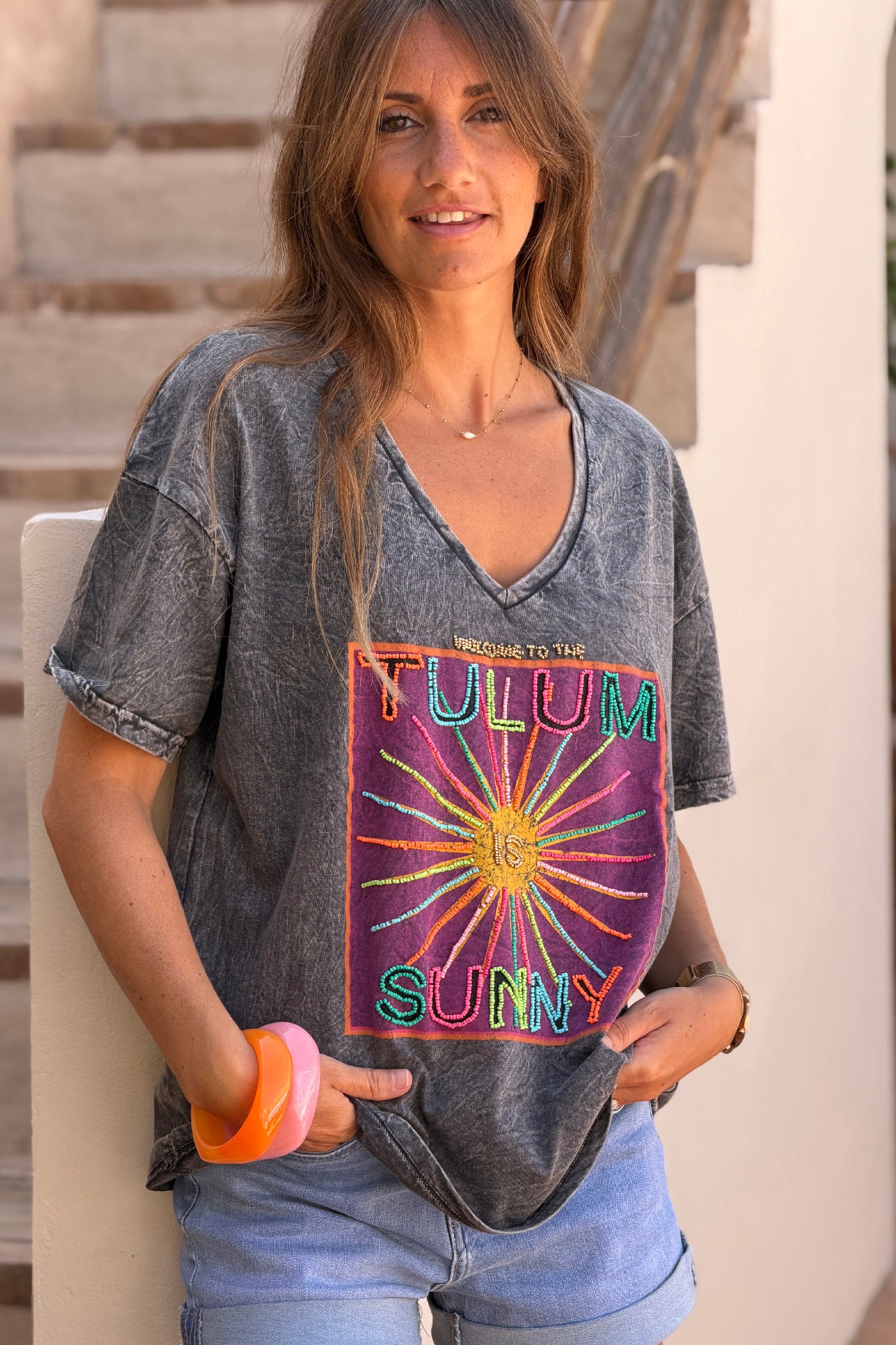 Gray Burnout Beaded Tulum T-Shirt