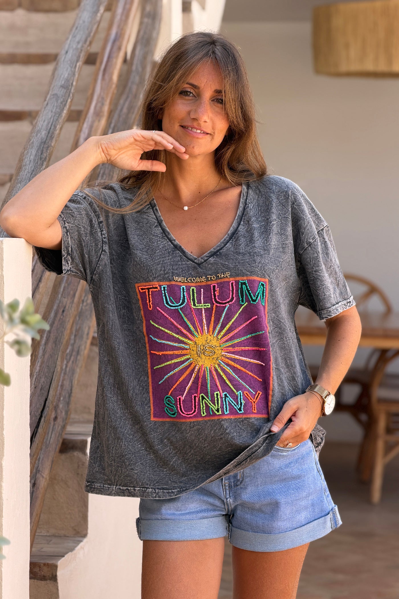 Gray Burnout Beaded Tulum T-Shirt