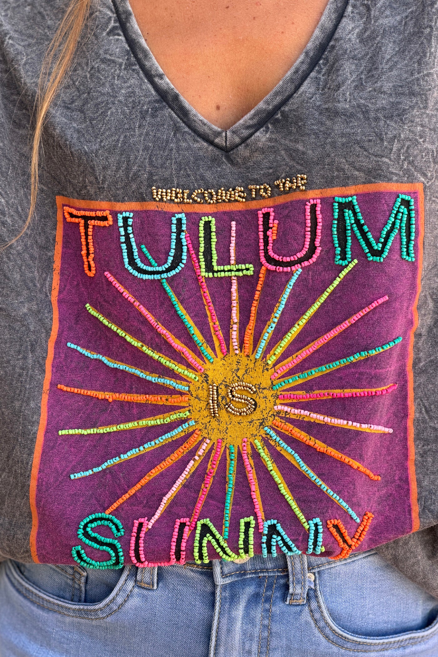 Gray Burnout Beaded Tulum T-Shirt