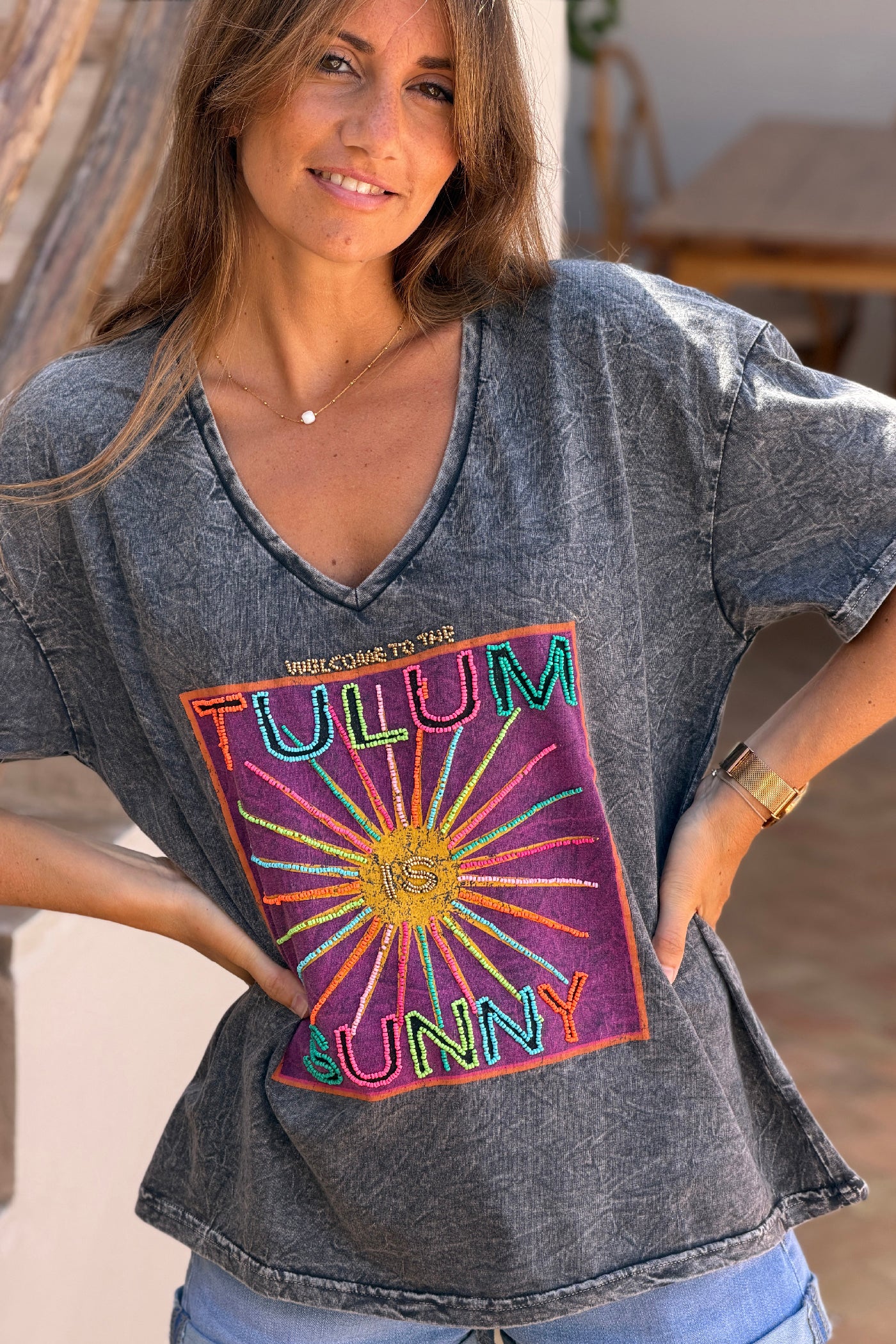 Gray Burnout Beaded Tulum T-Shirt
