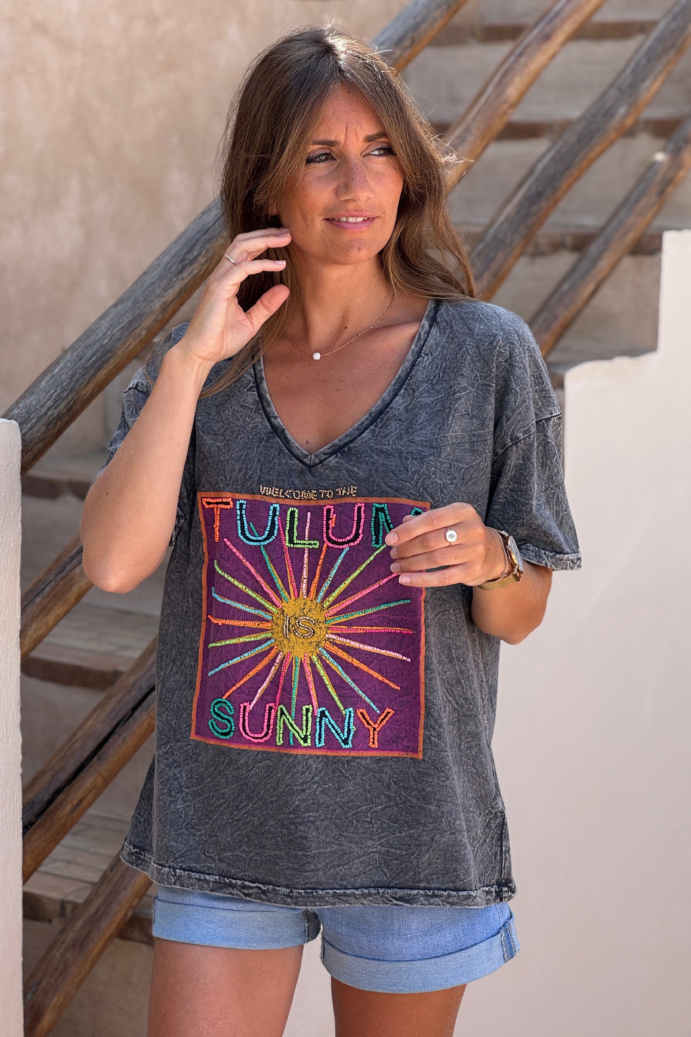 Gray Burnout Beaded Tulum T-Shirt