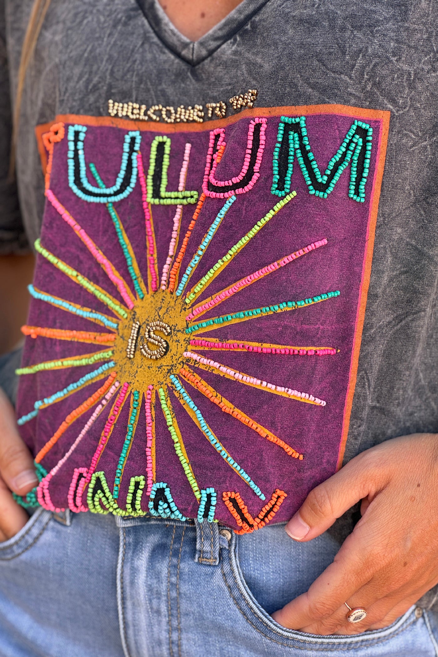 Gray Burnout Beaded Tulum T-Shirt