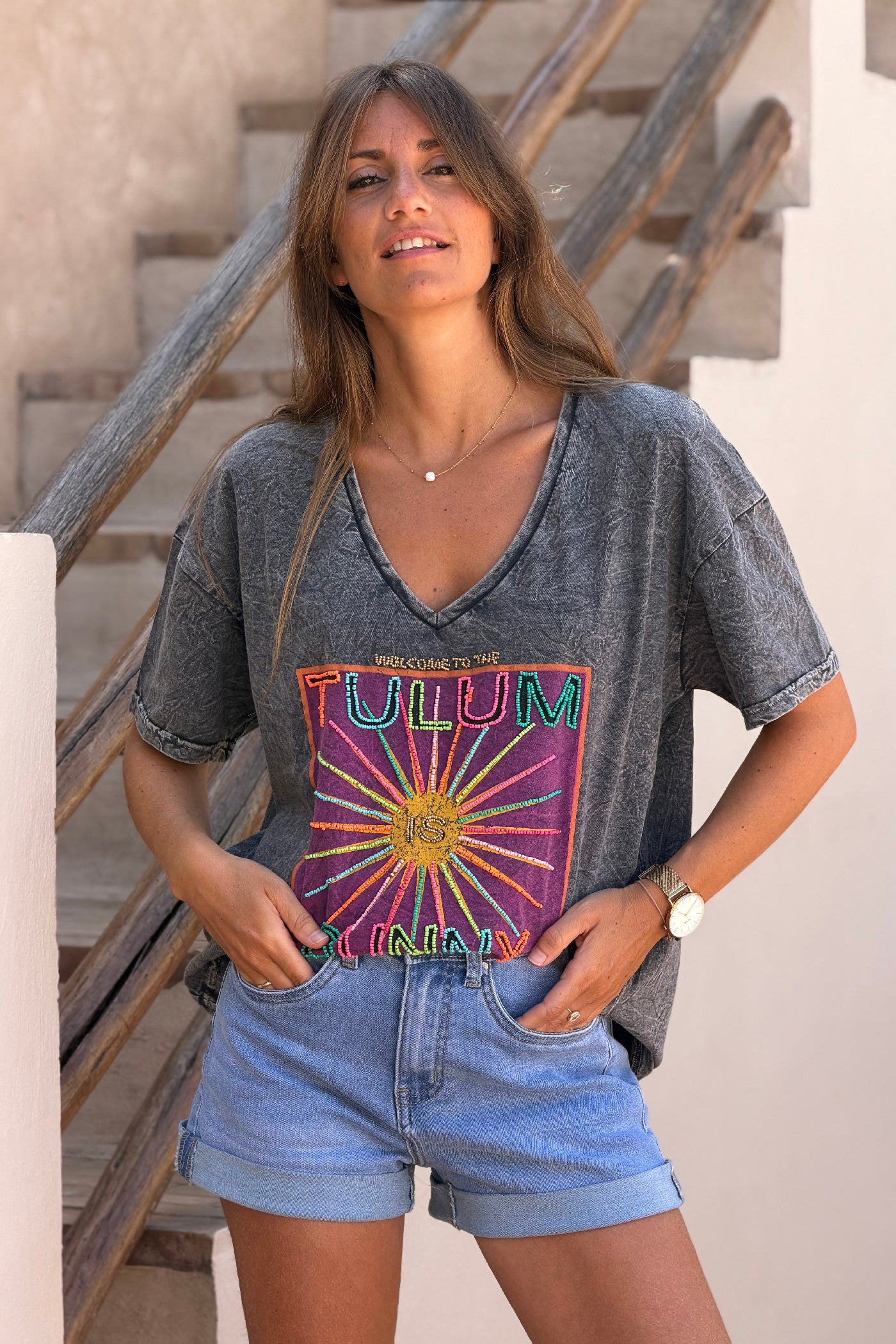Gray Burnout Beaded Tulum T-Shirt