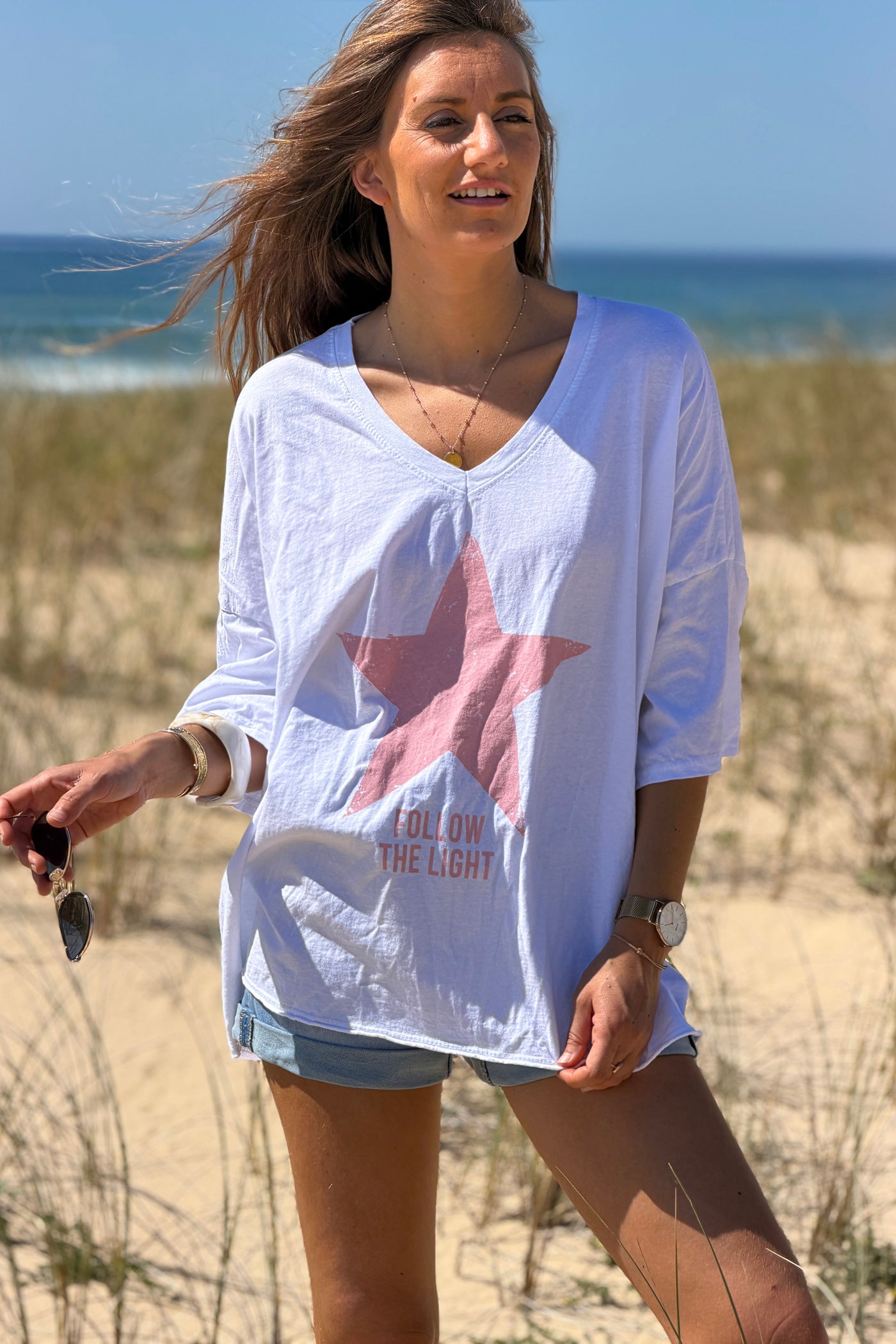 White “Follow the Light” Star Jersey Knit Top