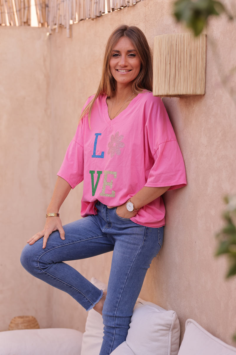 Fuchsia relaxed fit t-shirt with LOVE and flower in glitter print