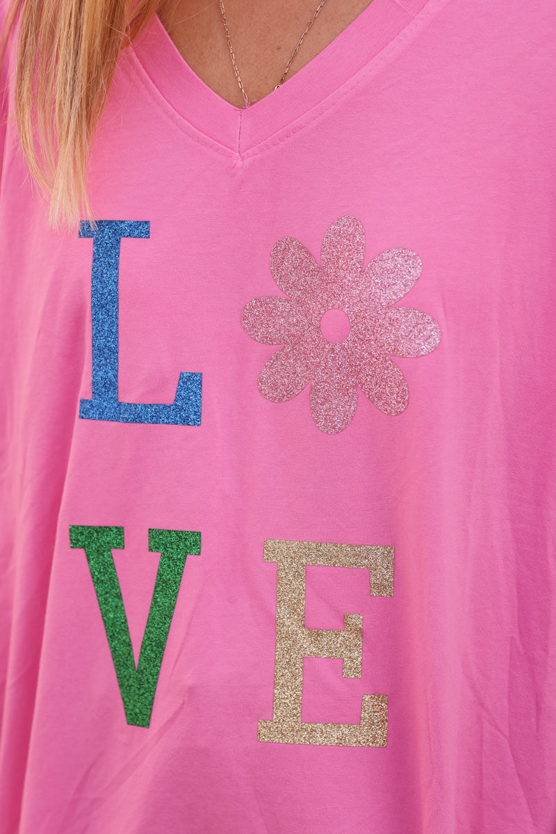 Fuchsia relaxed fit t-shirt with LOVE and flower in glitter print