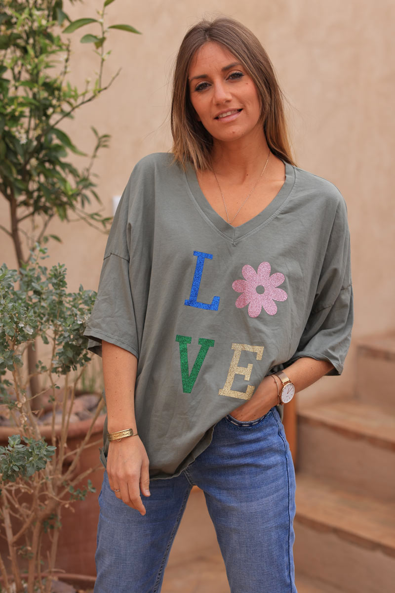 Tshirt large kaki en coton manches looses LOVE brillant fleurs