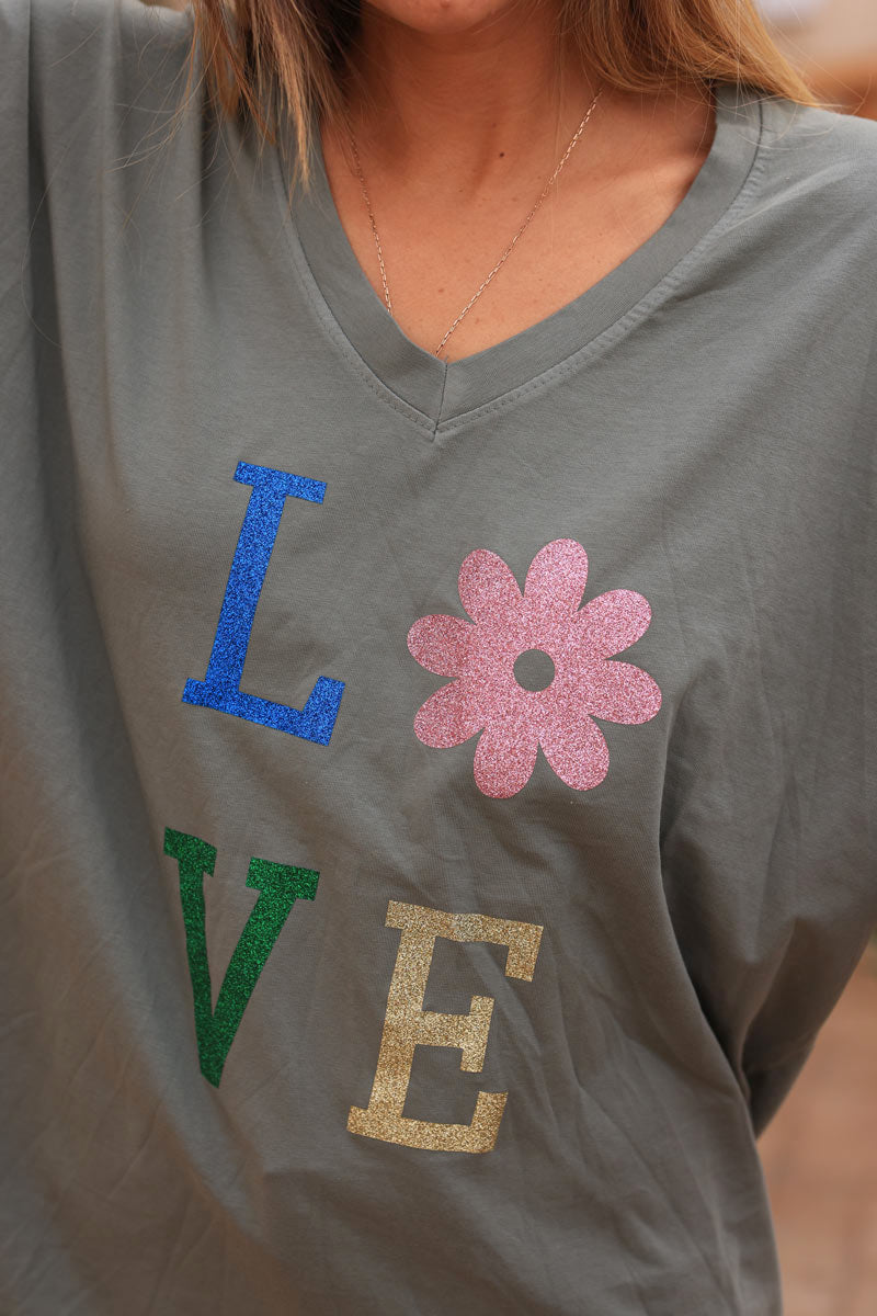 Tshirt large kaki en coton manches looses LOVE brillant fleurs