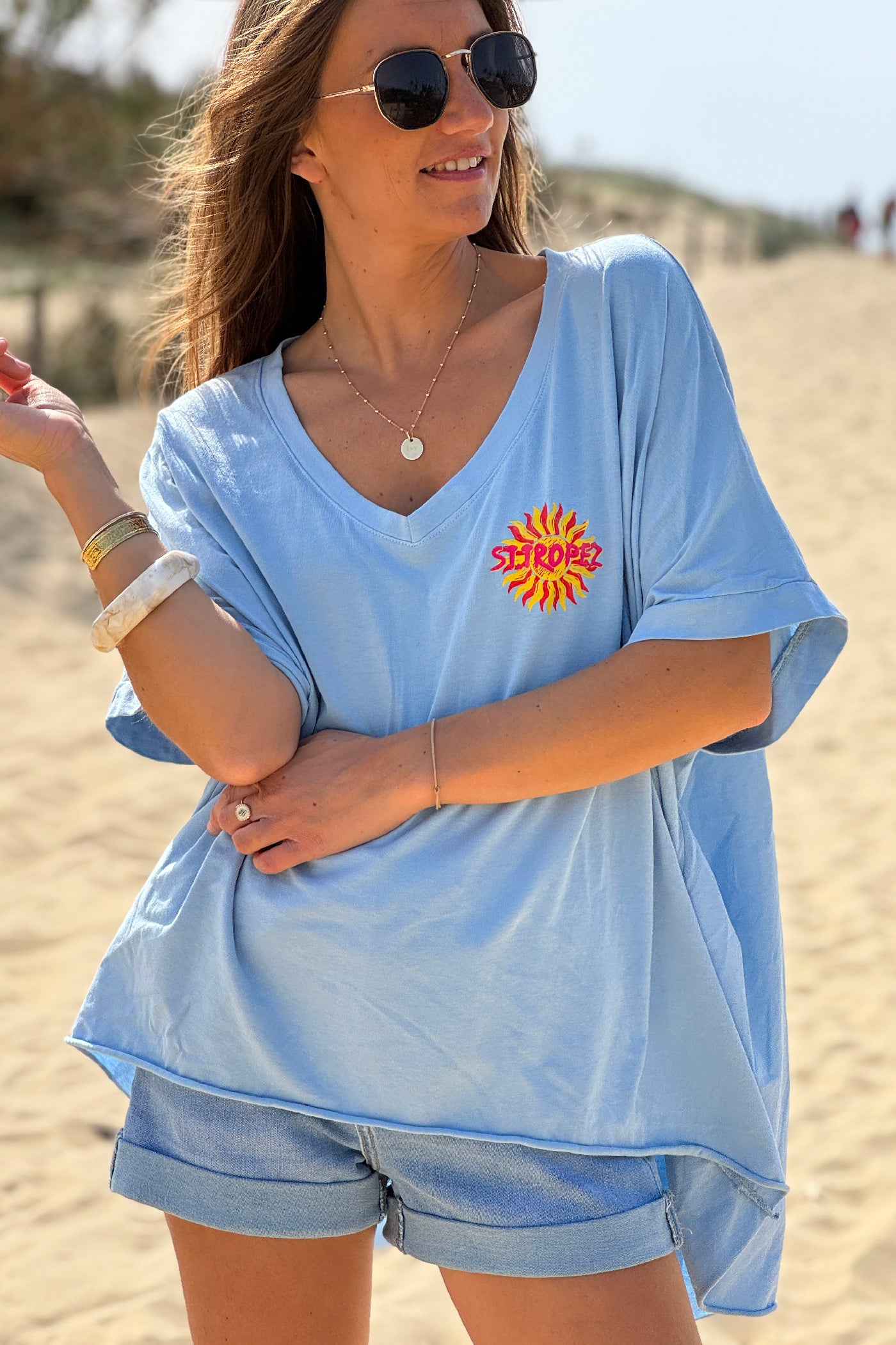 Tshirt loose oversize et stretch bleu motif Soleil St tropez