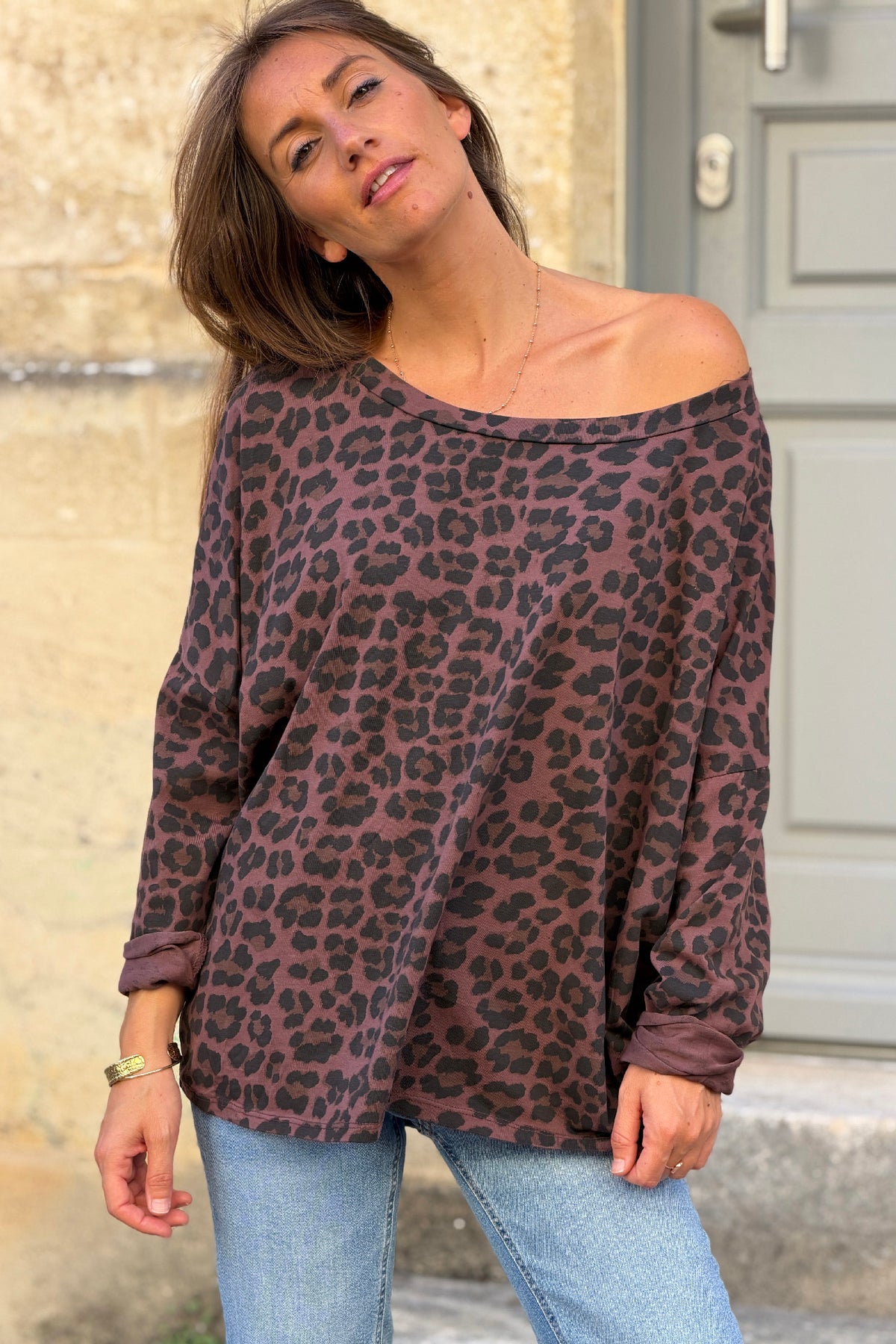 Tshirt marron délavé à manches longues en coton imprimé léopard