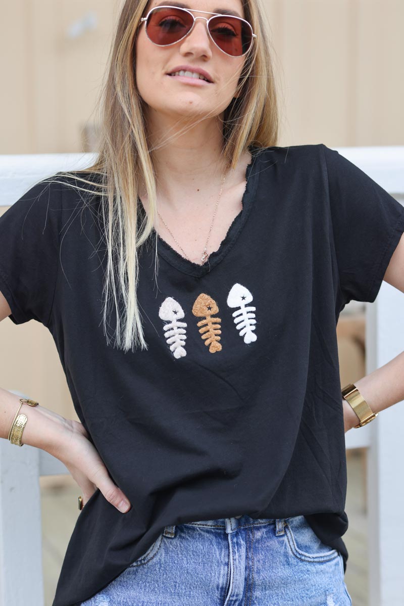 Tshirt noir coton col v franges trio poissons bouclettes g171 (1)