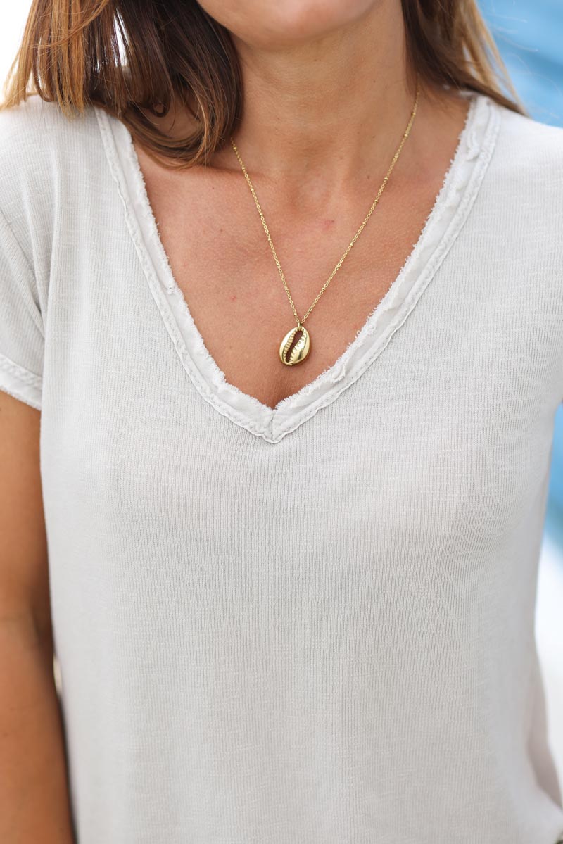Beige stretch cotton t-shirt with raw hems