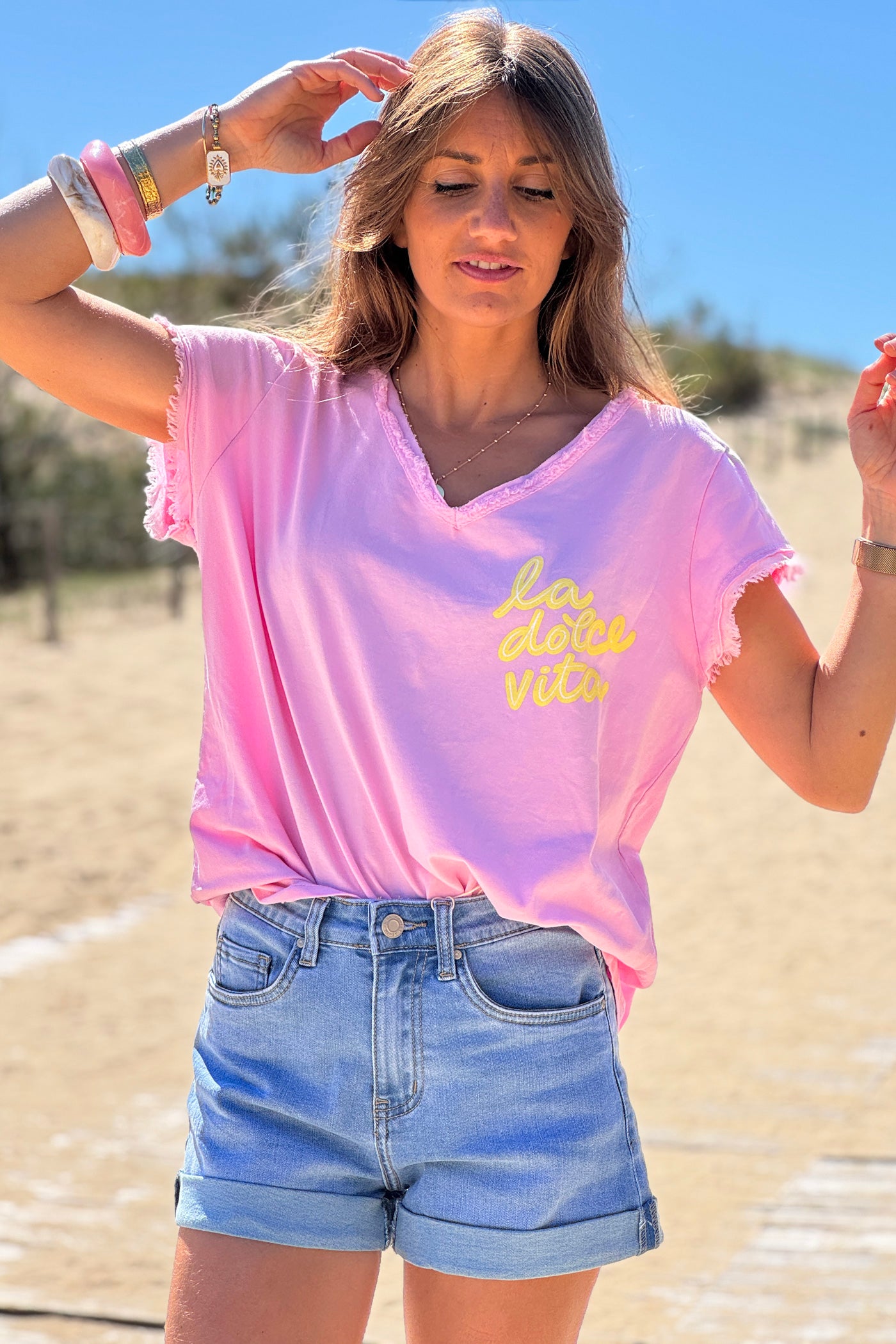 Pink La Dolce Vita Raw Hem Tee