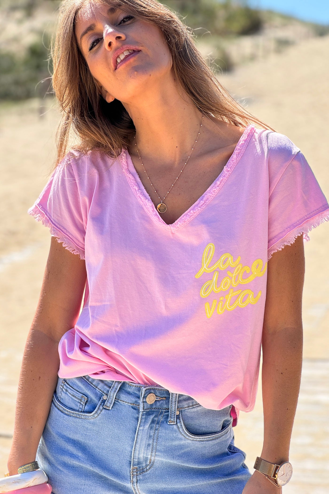 Pink La Dolce Vita Raw Hem Tee