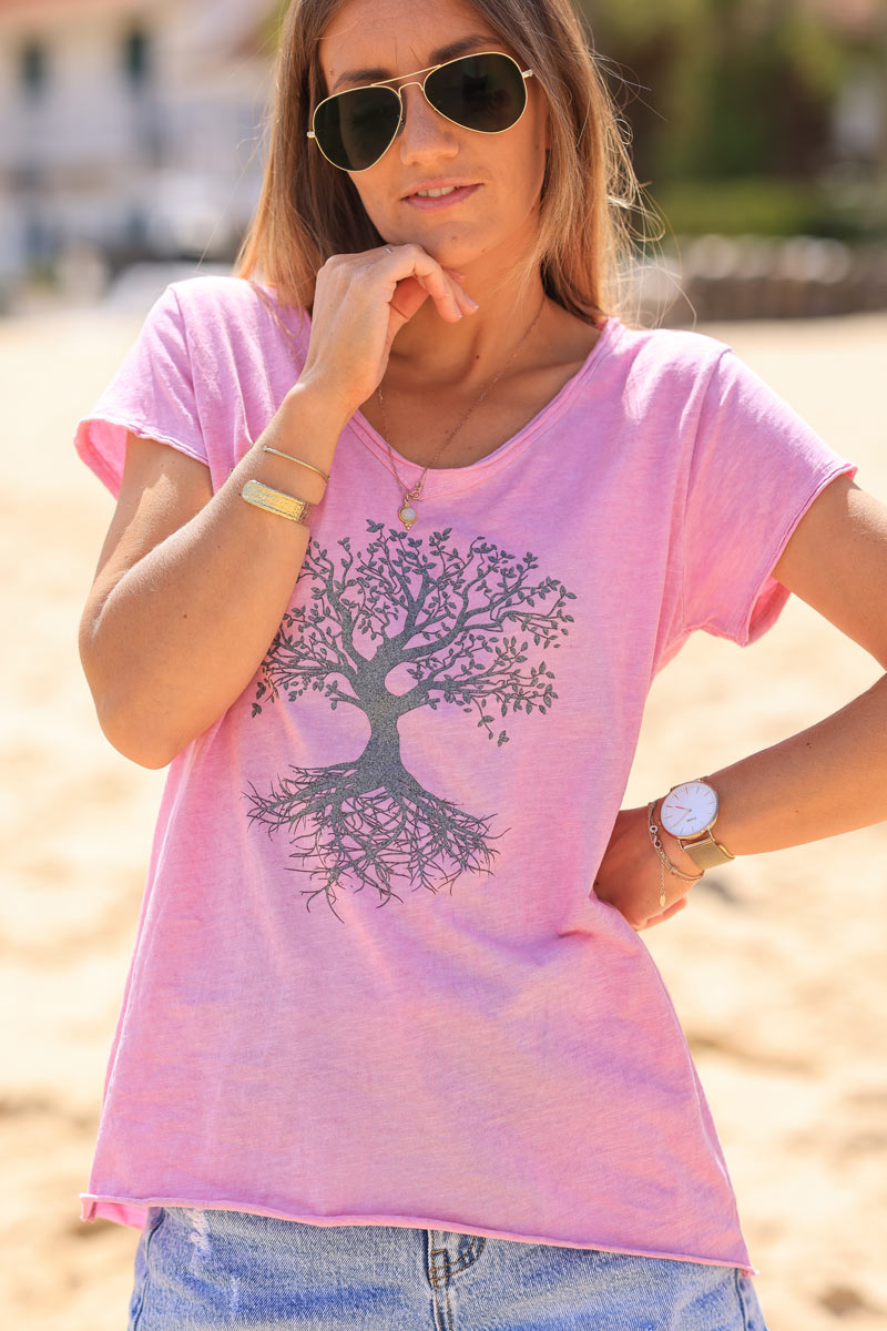 T-shirt rose coton col v arbre de vie brillant