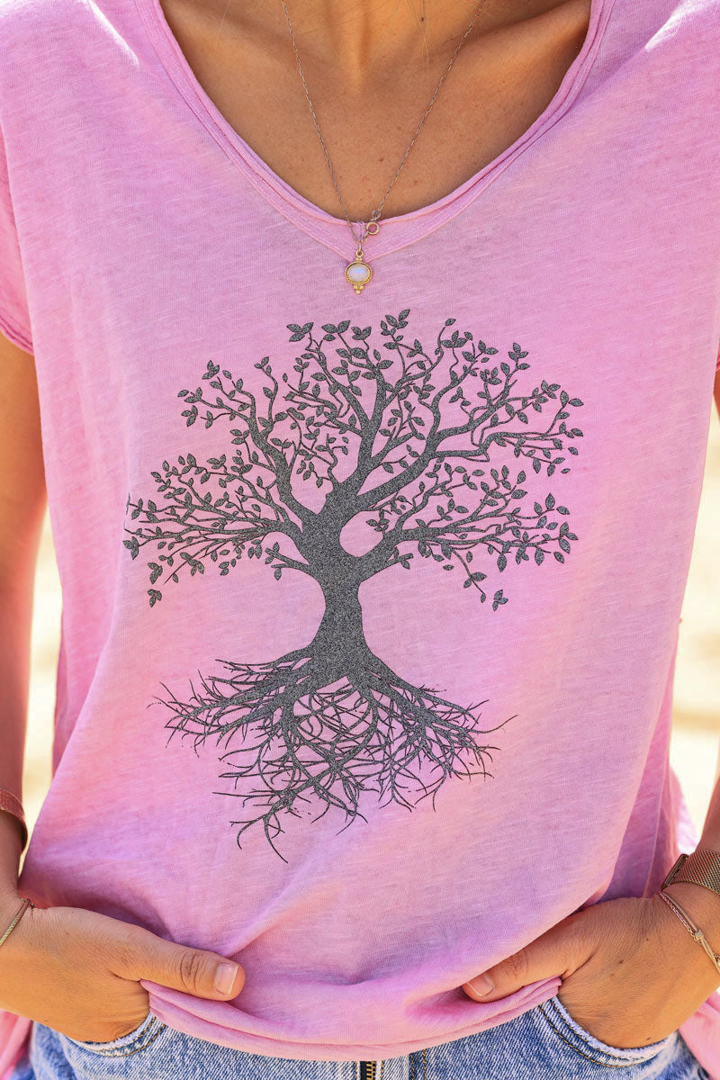 T-shirt rose coton col v arbre de vie brillant