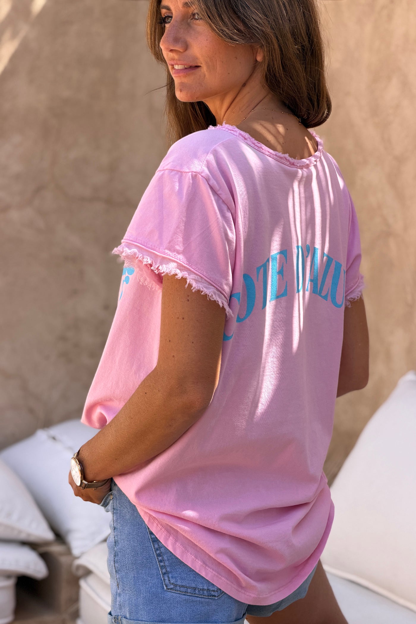 Tshirt rose stretch et large vague et Cote d'Azur détail franges