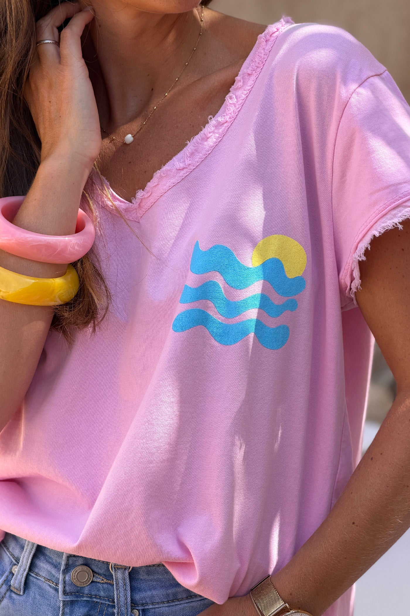 Tshirt rose stretch et large vague et Cote d'Azur détail franges