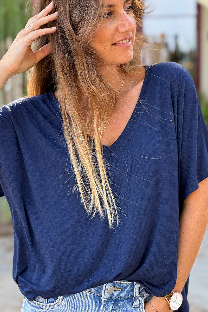 Tshirt stretch souple et large bleu marine chiné col v manches chauve souris