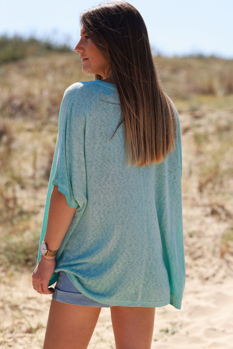 T-shirt turquoise délavé souple large et loose manches courtes chauve souris