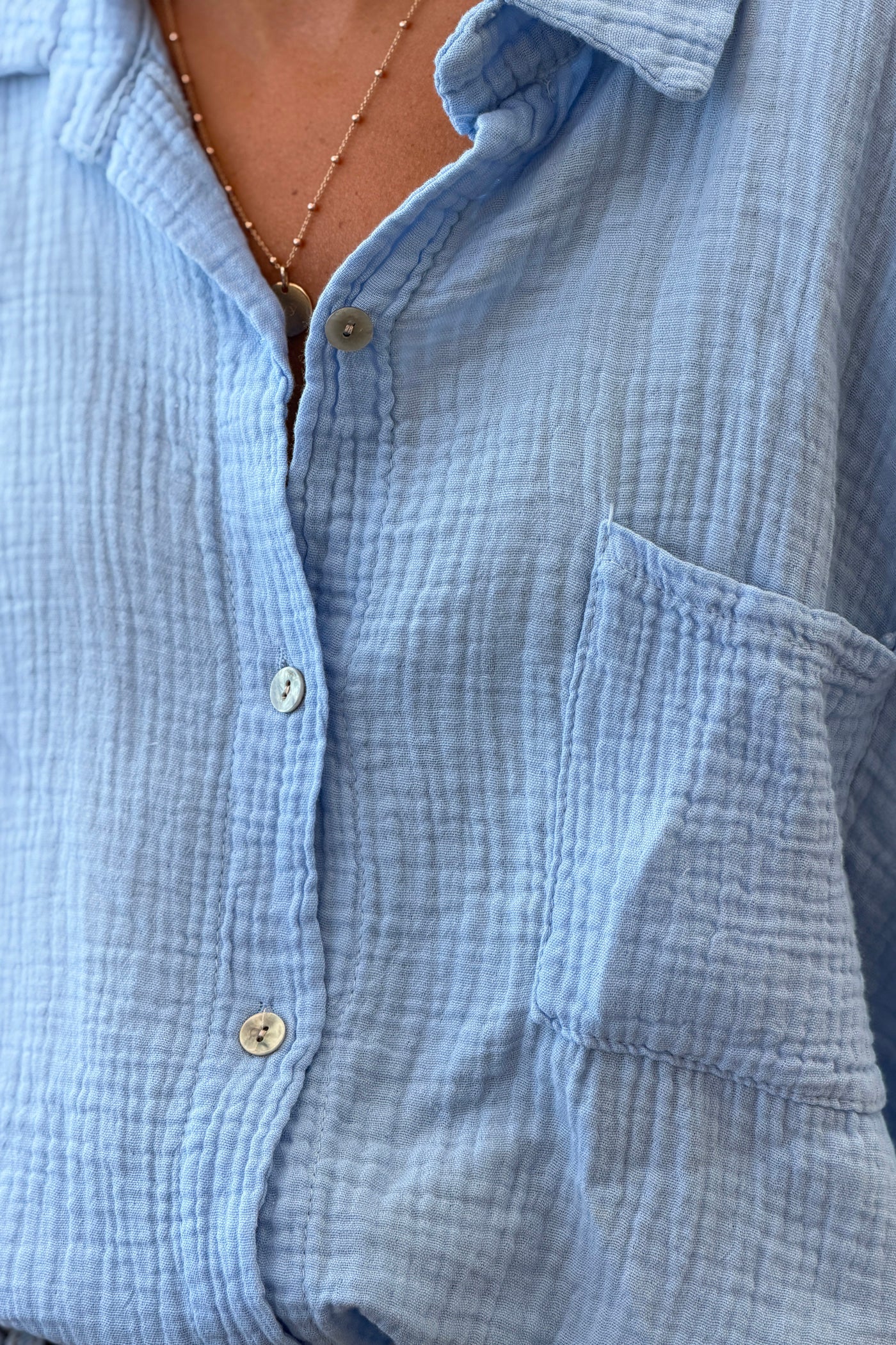 Light blue Crinkle Gauze Button-Down Beach Shirt