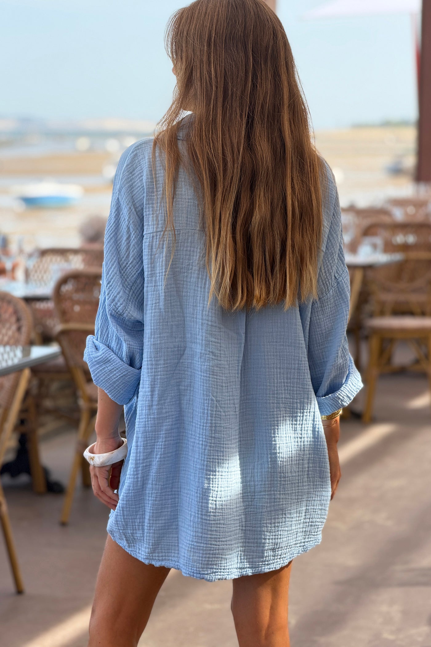 Light blue Crinkle Gauze Button-Down Beach Shirt