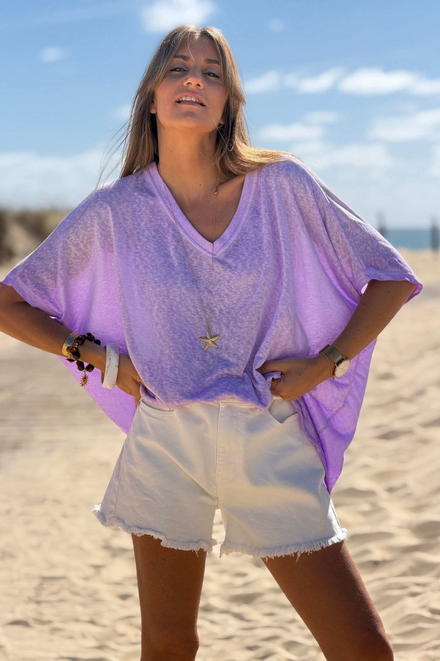 Tshirt violet délavé souple large et loose manches courtes chauve souris