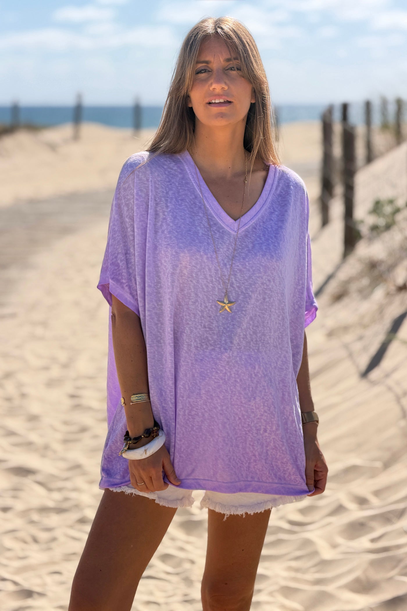 Tshirt violet délavé souple large et loose manches courtes chauve souris