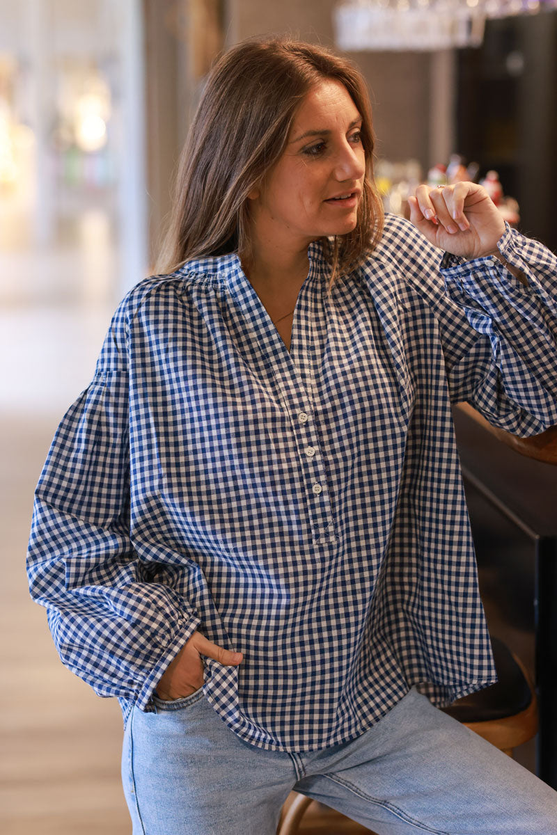Blue Gingham Cotton Peasant Blouse