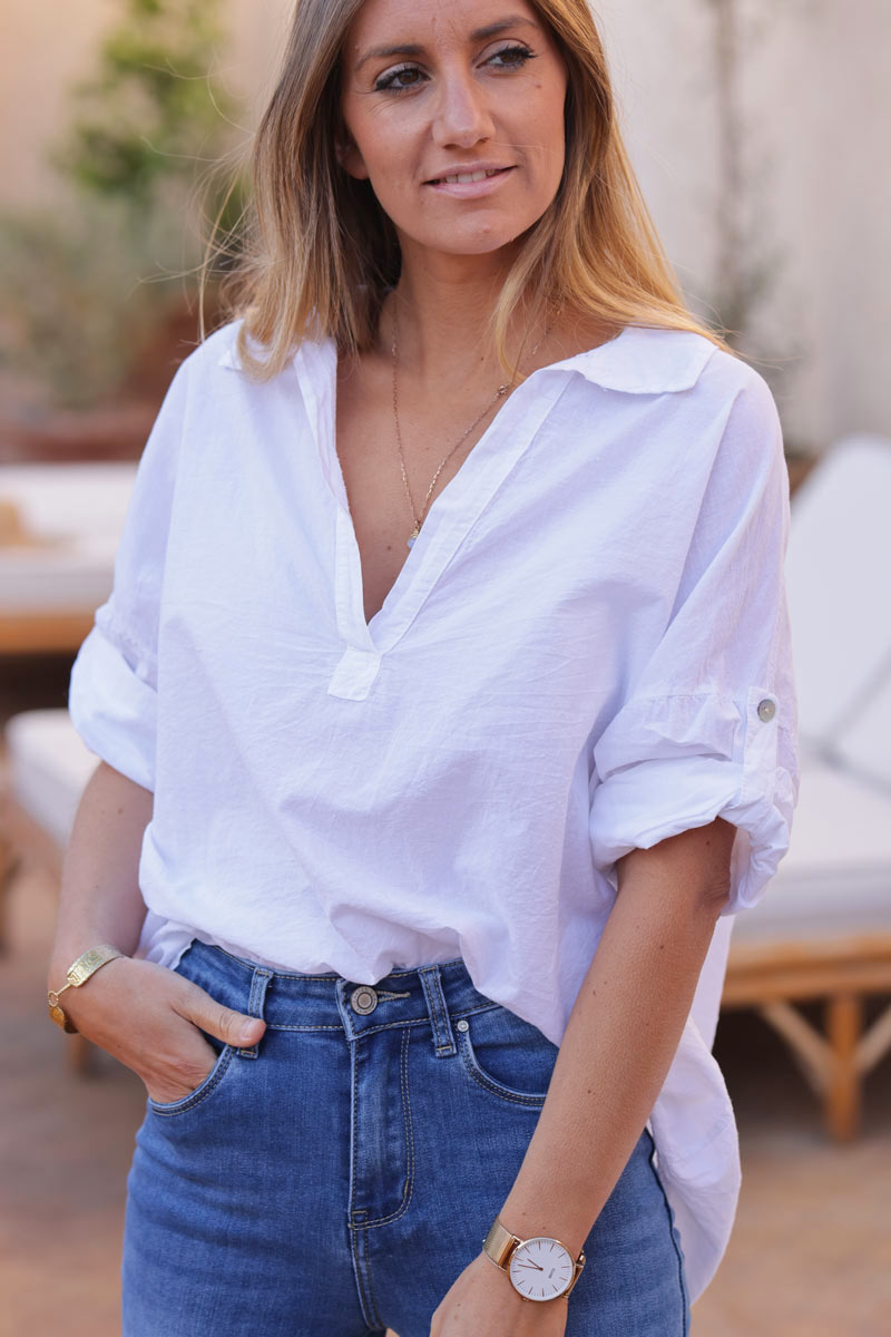 White turn up sleeve flowing cotton blouse with shirt collar