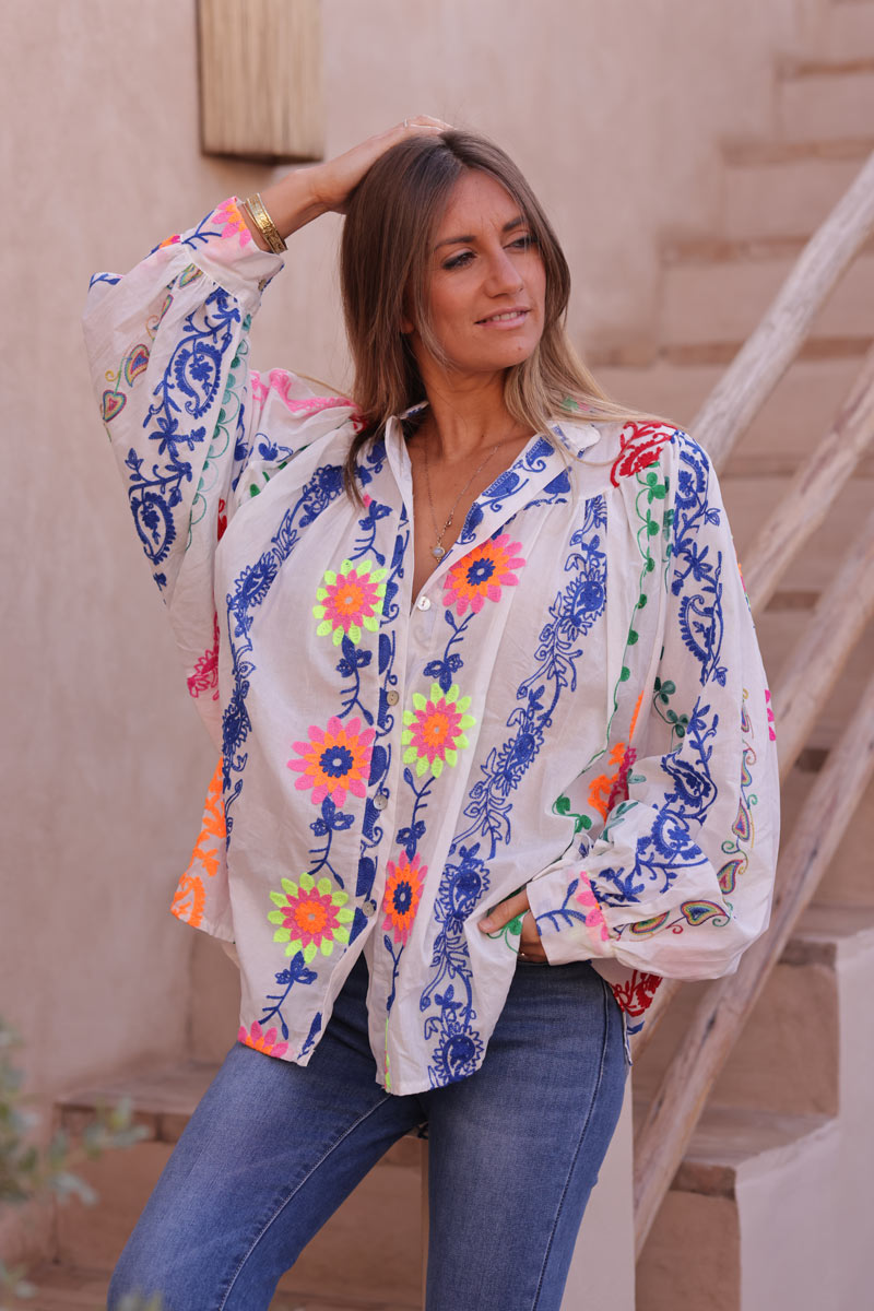 White cotton shirt with bright colourful paisley and floral embroidery