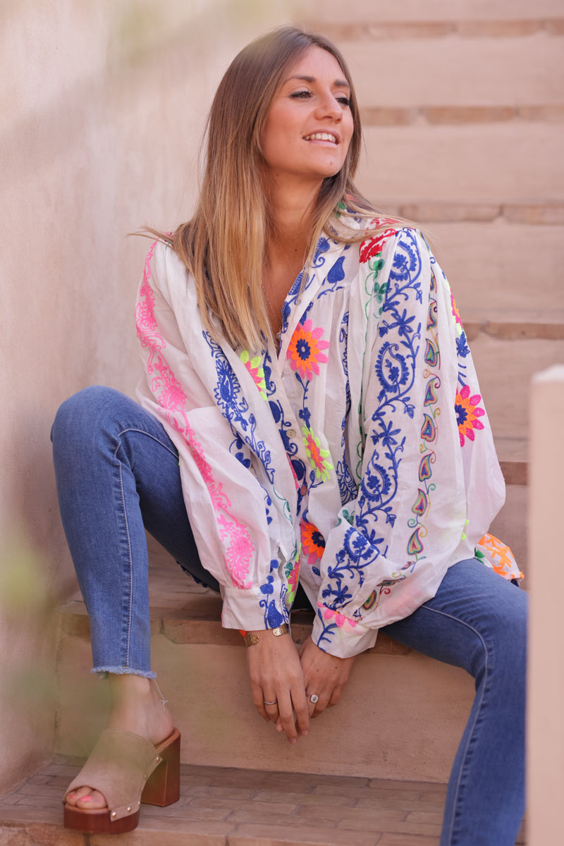 White cotton shirt with bright colourful paisley and floral embroidery