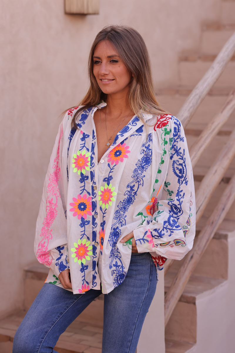 White cotton shirt with bright colourful paisley and floral embroidery