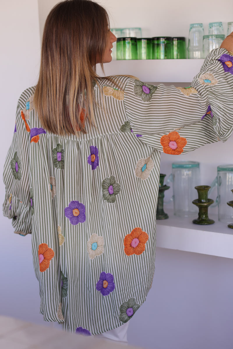 Tunique fluide a rayures kaki imprimé fleurs colorées manches bouffantes
