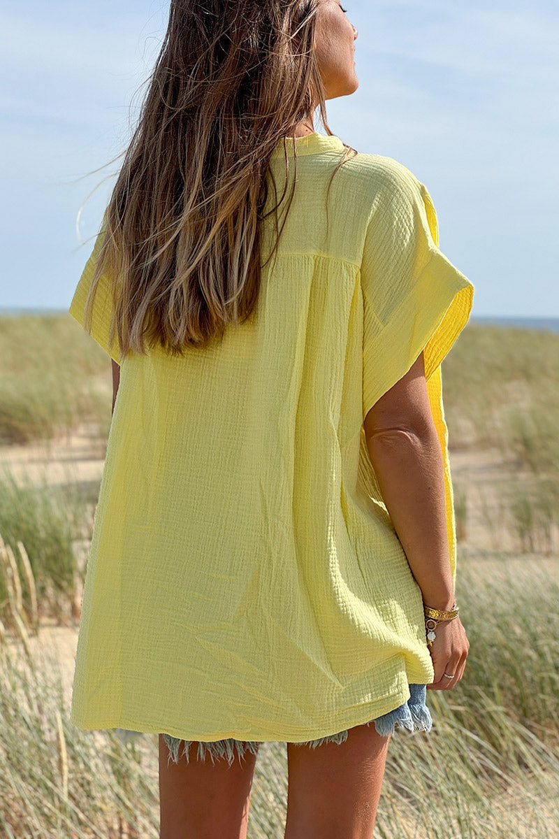 Yellow Embroidered Gauze Button-Down Blouse